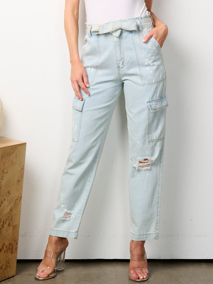 WOMEN'S BUTTON CLOSURE CARGO POCKETS SELF TIE DISTRESSED DENIM PANTS