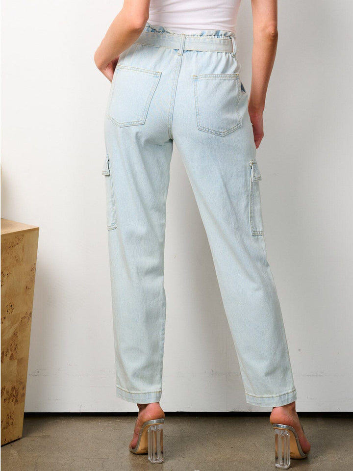 WOMEN'S BUTTON CLOSURE CARGO POCKETS SELF TIE DISTRESSED DENIM PANTS