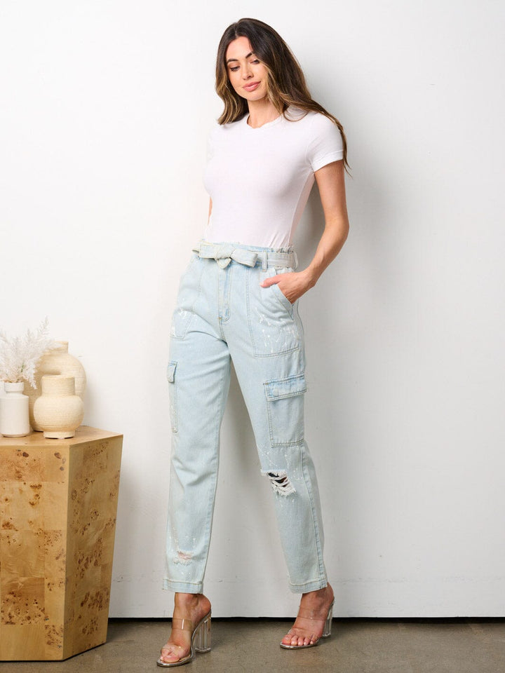 WOMEN'S BUTTON CLOSURE CARGO POCKETS SELF TIE DISTRESSED DENIM PANTS