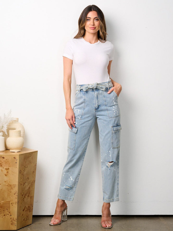 WOMEN'S BUTTON CLOSURE CARGO POCKETS SELF TIE DISTRESSED DENIM PANTS