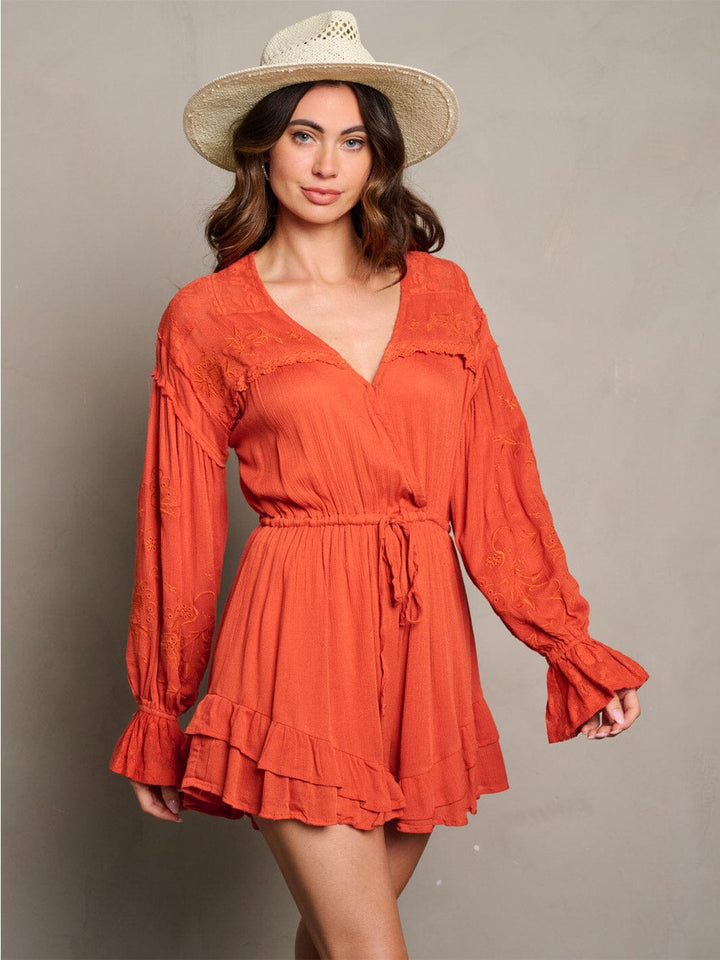 WOMEN'S LONG SLEEVE SURPLICE RUFFLE ROMPER