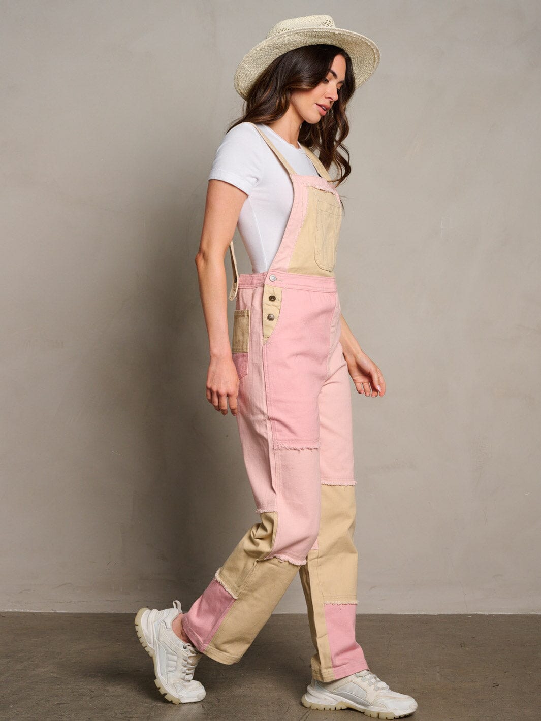 WOMEN'S SLEEVELESS POCKETS COLORBLOCK WIDE LEG DENIM OVERALL