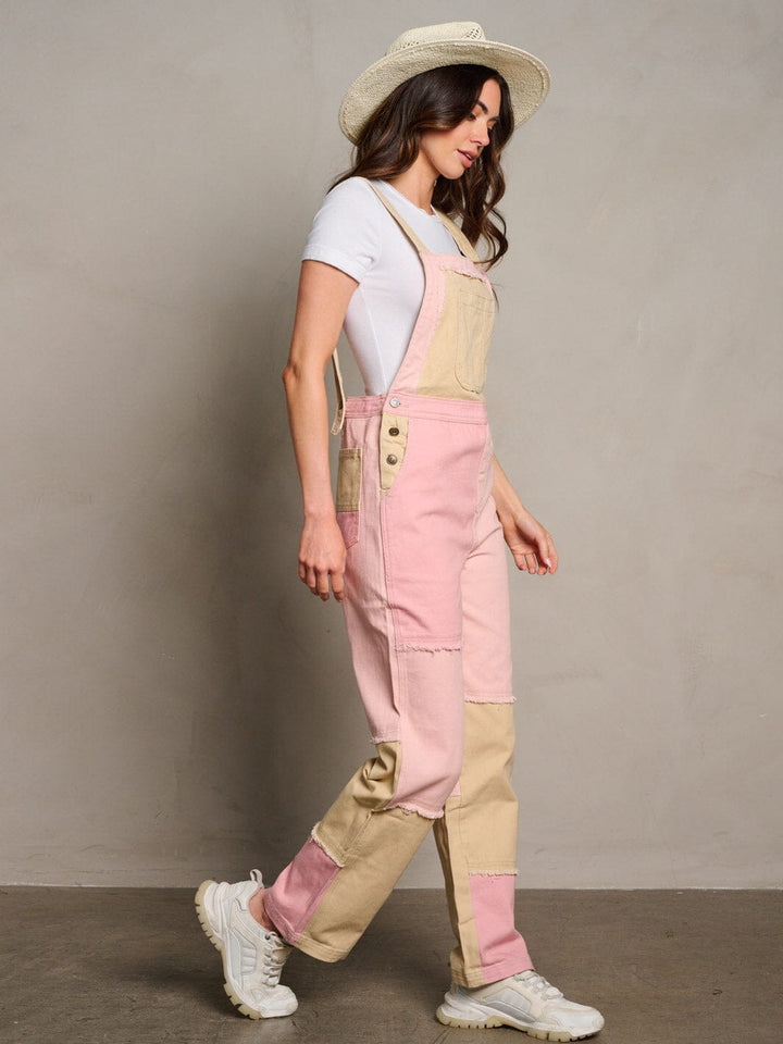 WOMEN'S SLEEVELESS POCKETS COLORBLOCK WIDE LEG DENIM OVERALL