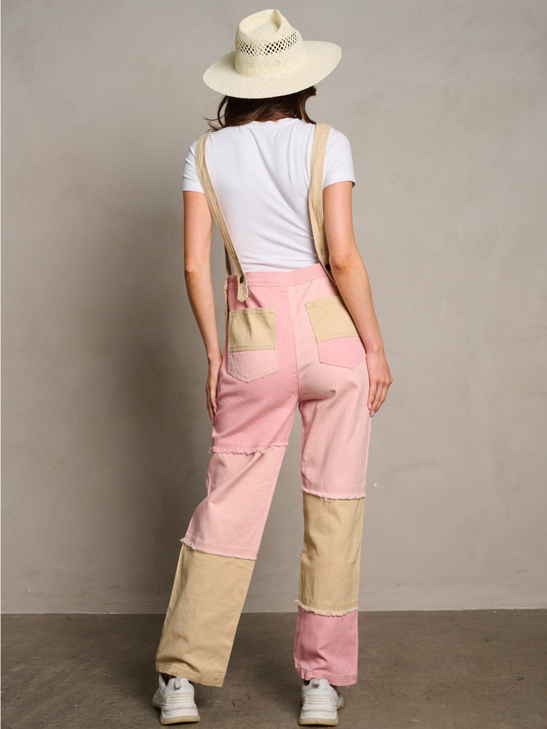 WOMEN'S SLEEVELESS POCKETS COLORBLOCK WIDE LEG DENIM OVERALL