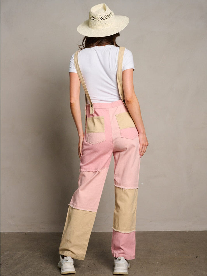 WOMEN'S SLEEVELESS POCKETS COLORBLOCK WIDE LEG DENIM OVERALL