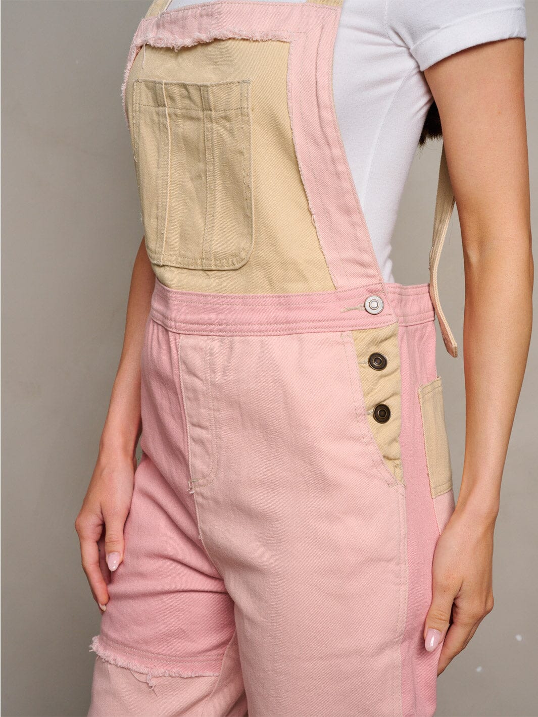 WOMEN'S SLEEVELESS POCKETS COLORBLOCK WIDE LEG DENIM OVERALL