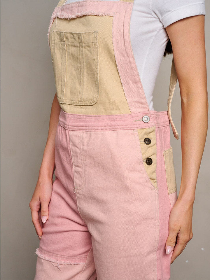 WOMEN'S SLEEVELESS POCKETS COLORBLOCK WIDE LEG DENIM OVERALL