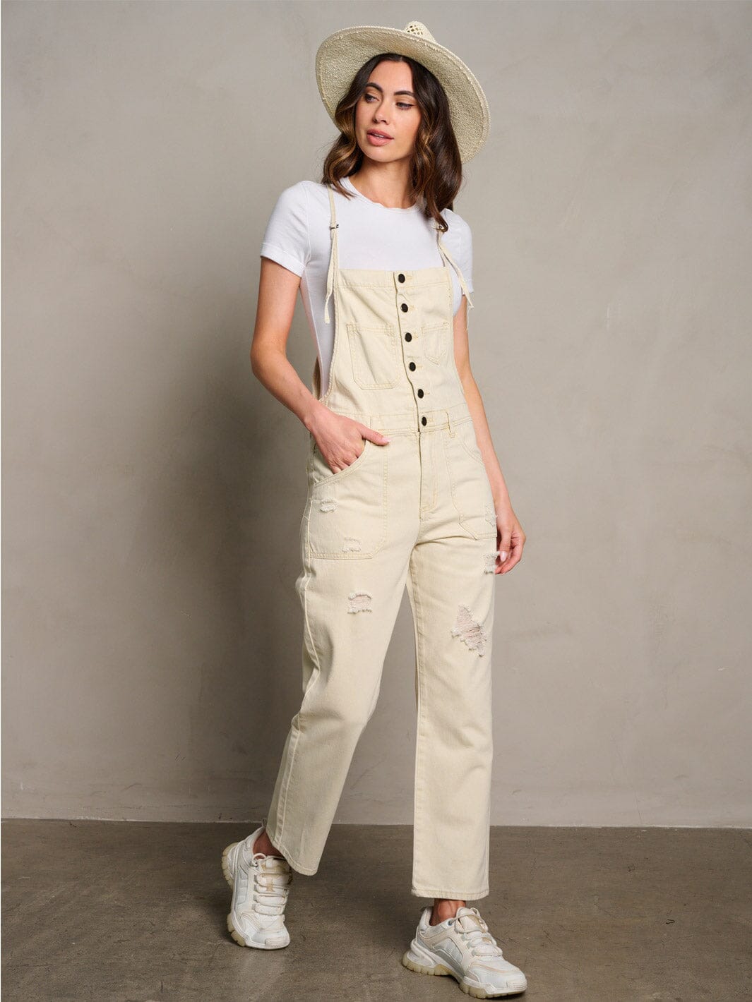 WOMEN'S SLEEVELESS POCKETS DISTRESS WIDE LEG OVERALL