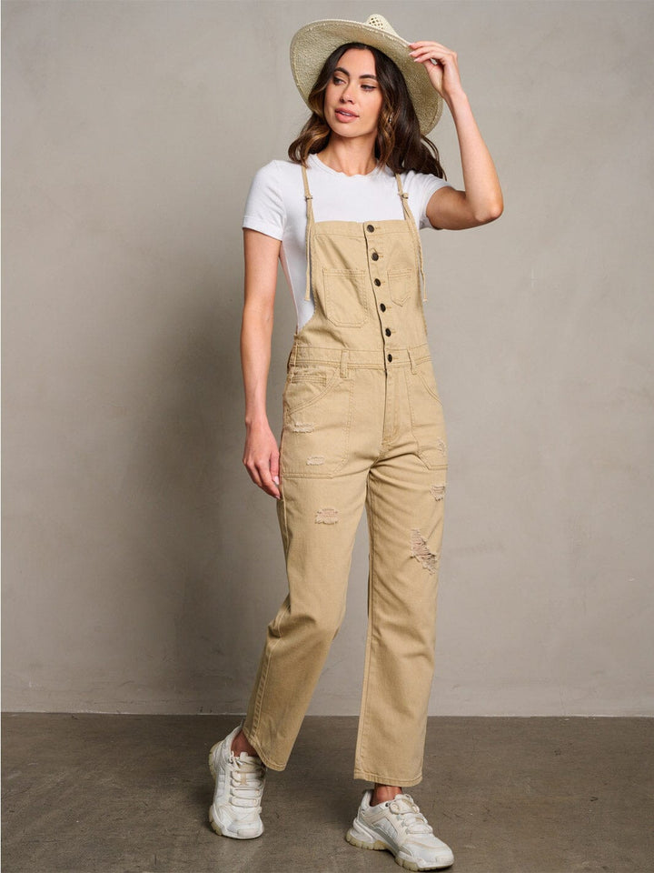WOMEN'S SLEEVELESS POCKETS DISTRESS WIDE LEG OVERALL