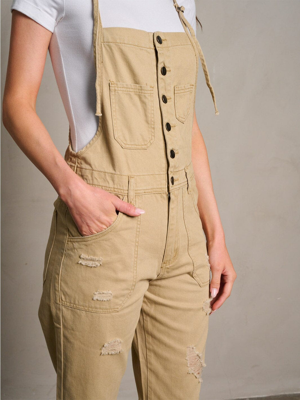 WOMEN'S SLEEVELESS POCKETS DISTRESS WIDE LEG OVERALL