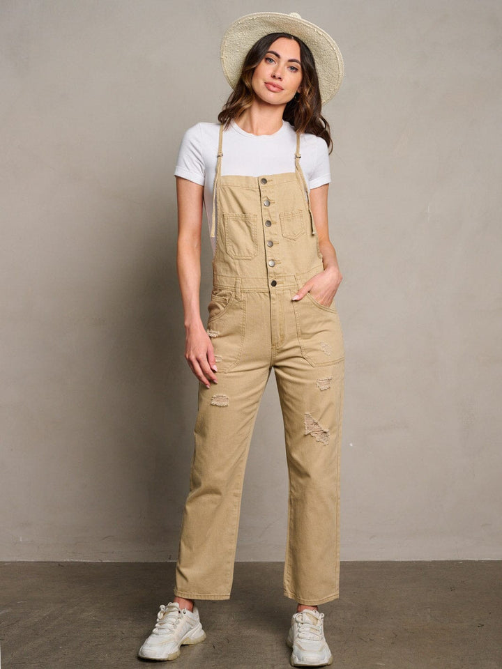 WOMEN'S SLEEVELESS POCKETS DISTRESS WIDE LEG OVERALL
