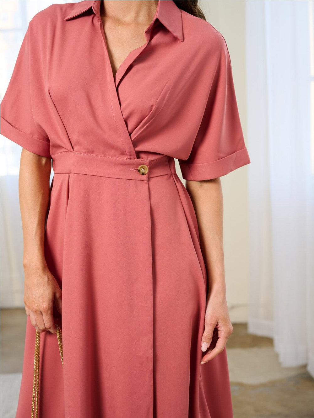 WOMEN'S SHORT SLEEVE WRAP MIDI DRESS