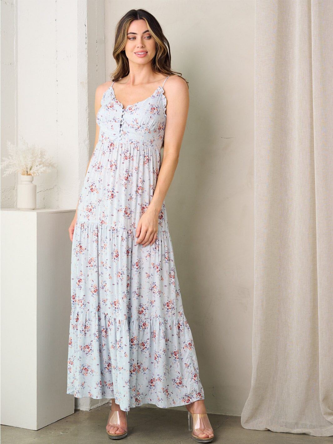 WOMEN'S SLEEVELESS V-NECK TIERED FLORAL MAXI DRESS