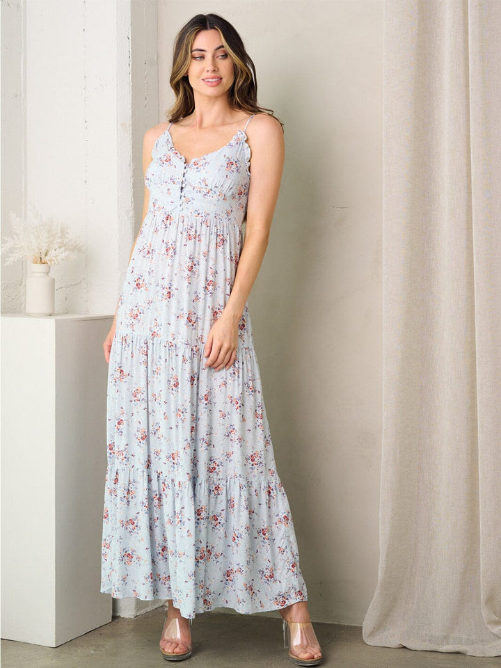 WOMEN'S SLEEVELESS V-NECK TIERED FLORAL MAXI DRESS