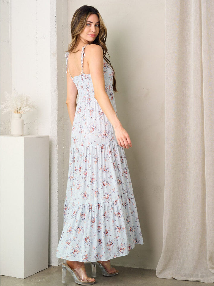 WOMEN'S SLEEVELESS V-NECK TIERED FLORAL MAXI DRESS