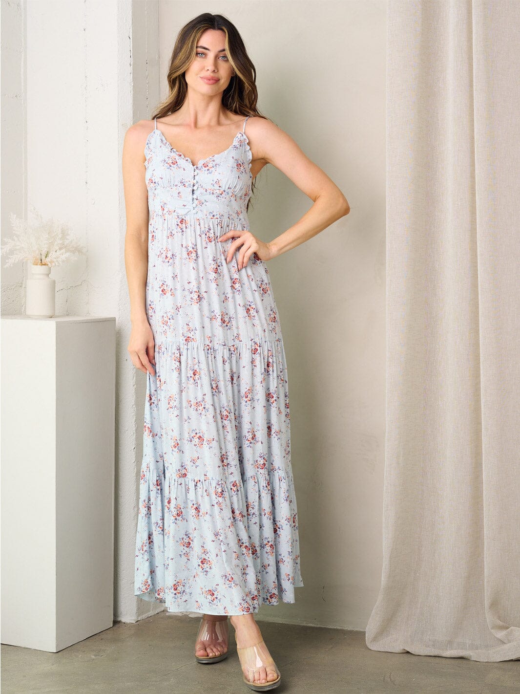 WOMEN'S SLEEVELESS V-NECK TIERED FLORAL MAXI DRESS