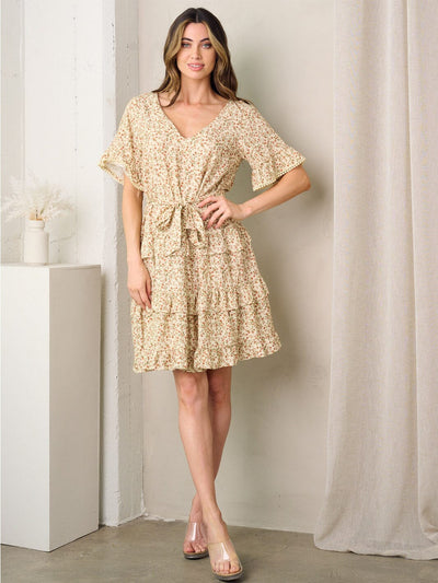 WOMEN'S SHORT SLEEVE V-NECK TIERED FLORAL MINI DRESS