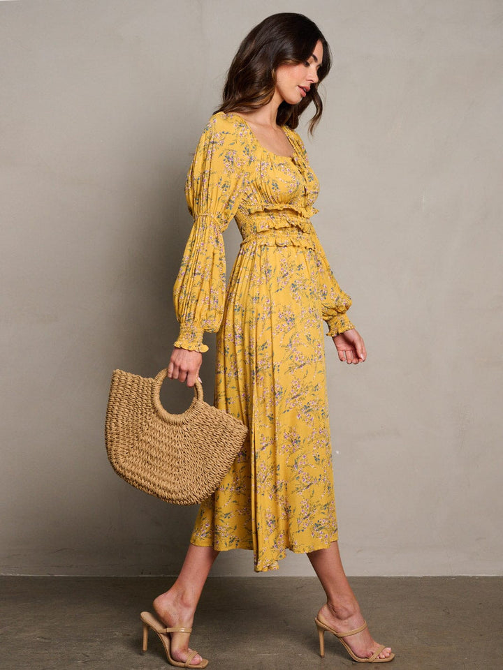 WOMEN'S LONG SLEEVE SMOCK RUFFLE FLORAL MIDI DRESS