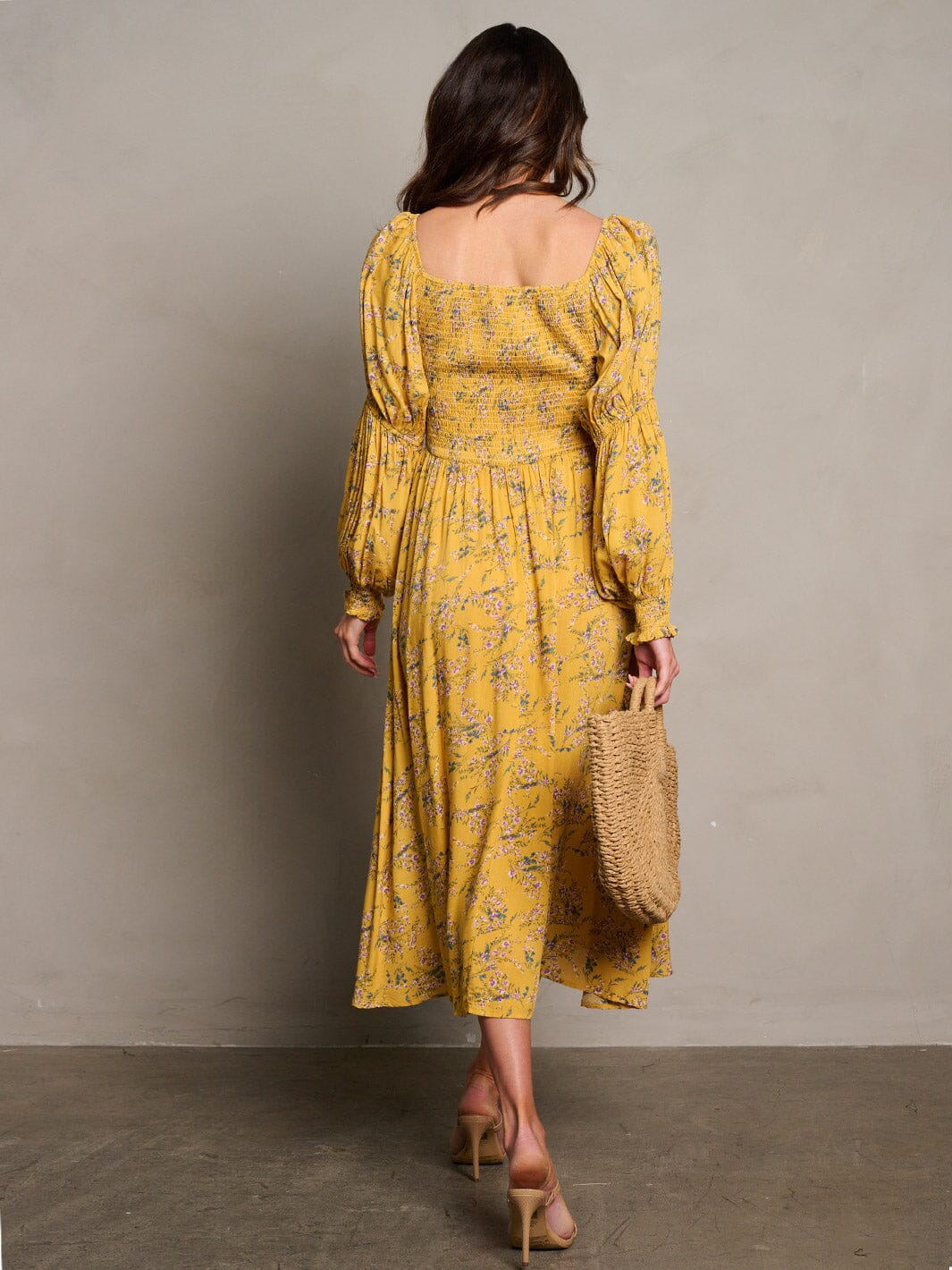 WOMEN'S LONG SLEEVE SMOCK RUFFLE FLORAL MIDI DRESS