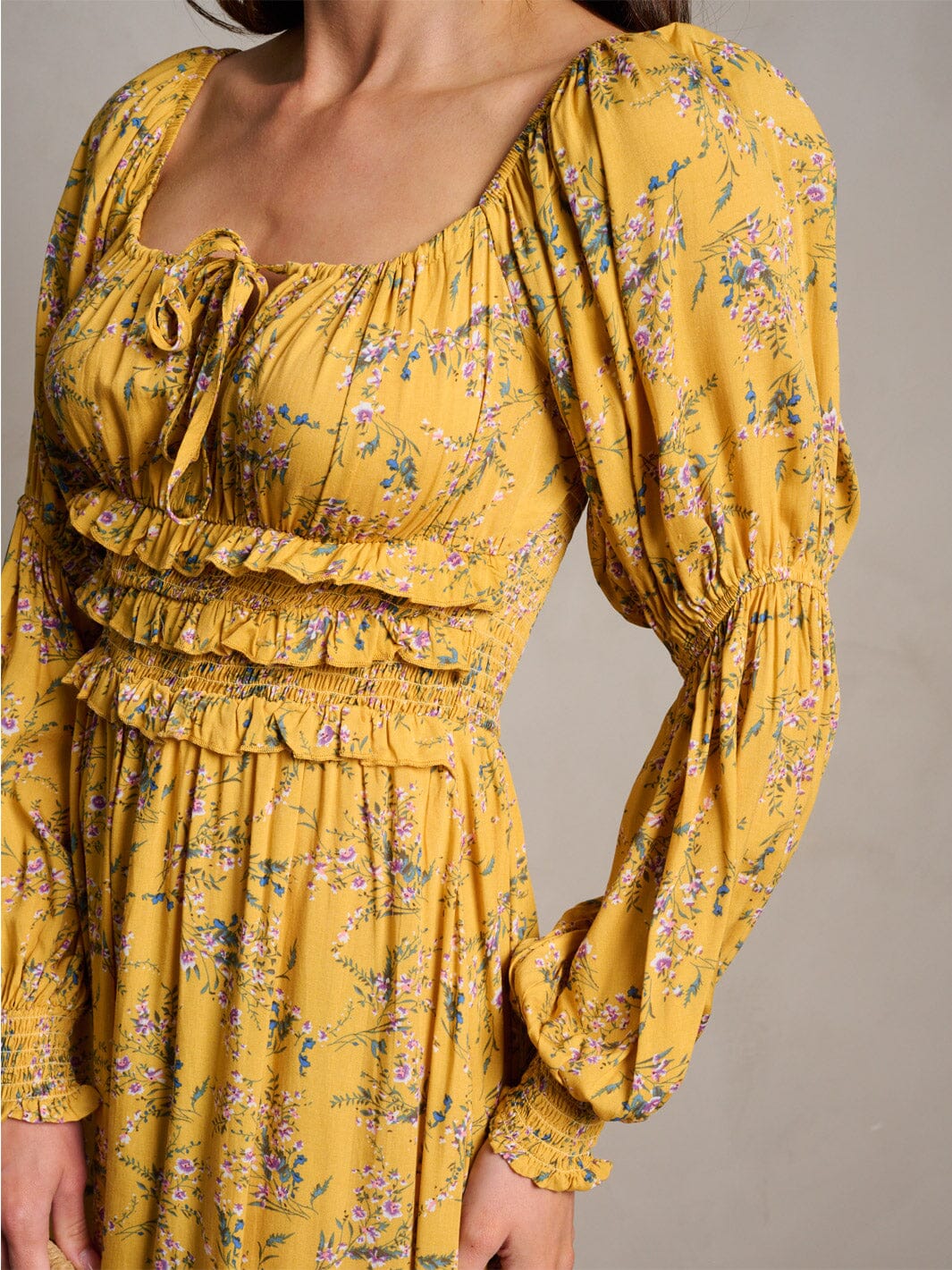 WOMEN'S LONG SLEEVE SMOCK RUFFLE FLORAL MIDI DRESS