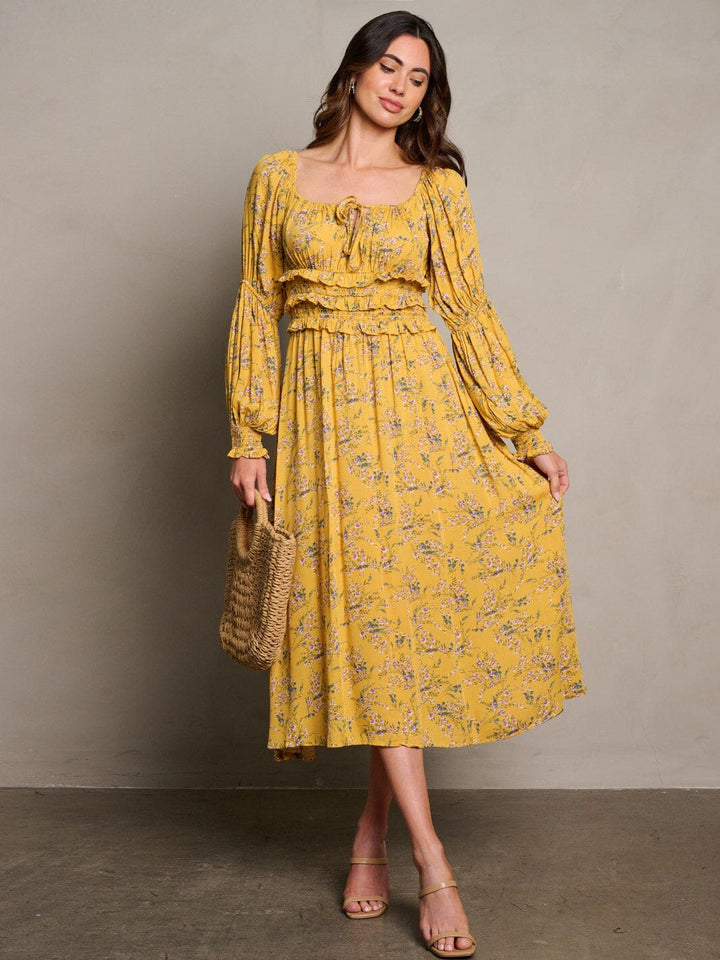 WOMEN'S LONG SLEEVE SMOCK RUFFLE FLORAL MIDI DRESS