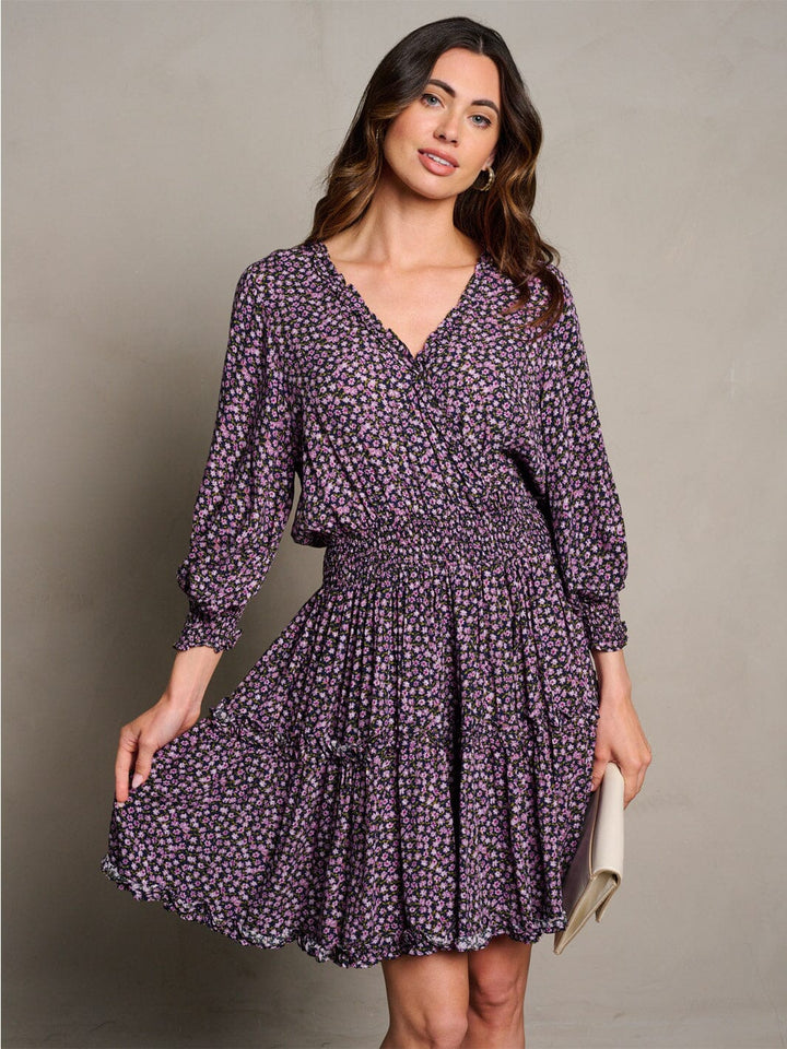 WOMEN'S LONG SLEEVE SURPLICE SMOCK WAIST TIERED FLORAL MINI DRESS