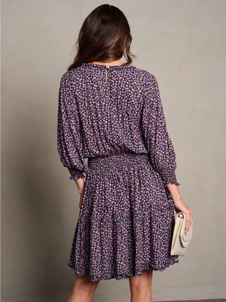 WOMEN'S LONG SLEEVE SURPLICE SMOCK WAIST TIERED FLORAL MINI DRESS