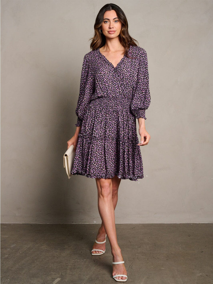 WOMEN'S LONG SLEEVE SURPLICE SMOCK WAIST TIERED FLORAL MINI DRESS