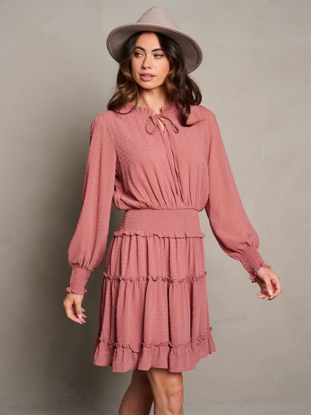 WOMEN'S LONG SLEEVE SMOCK WAIST TIERED SWISS DOTS MINI DRESS