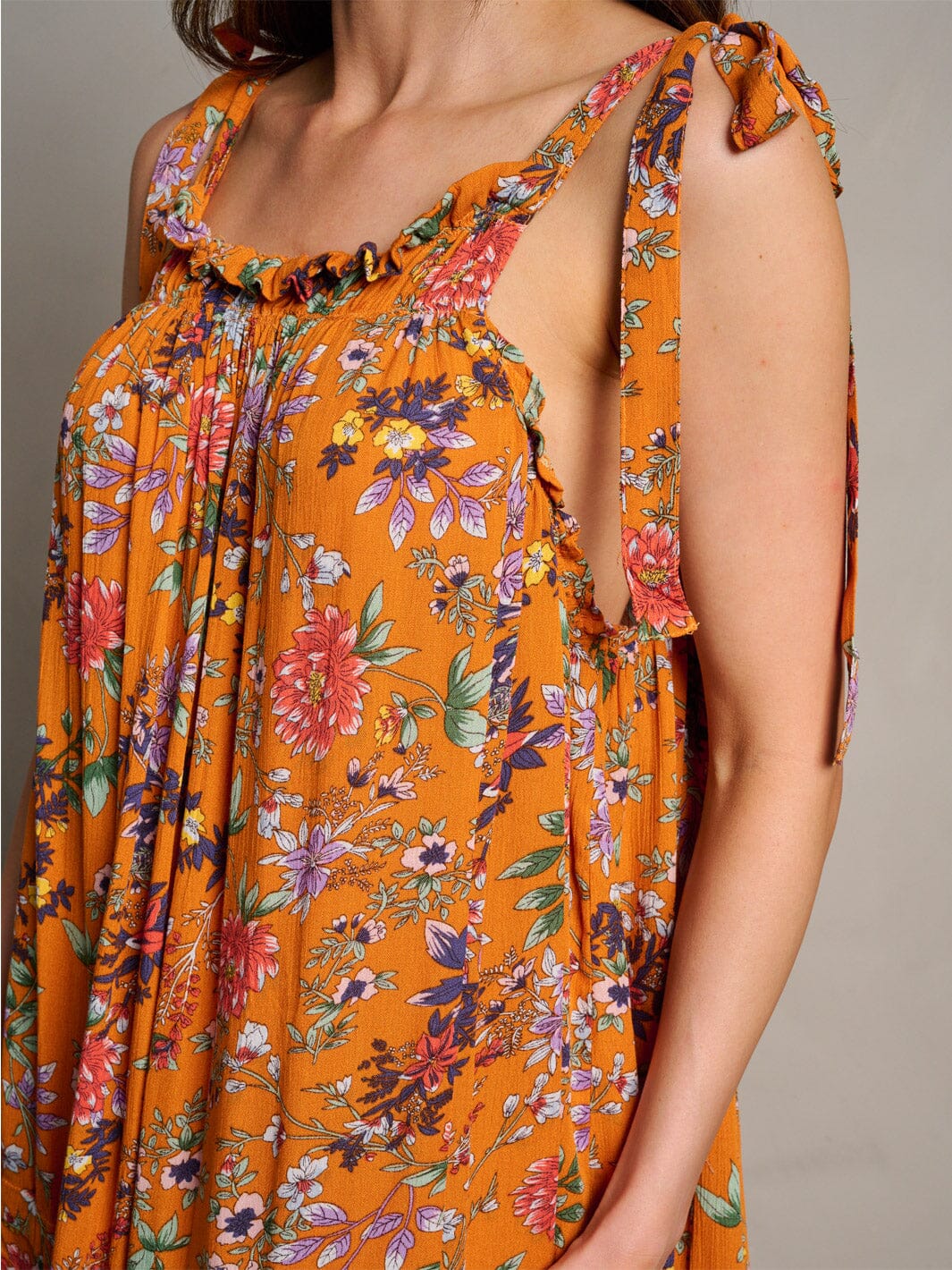WOMEN'S SLEEVELESS RUFFLE BOTTOM HEM FLORAL TUNIC MINI DRESS