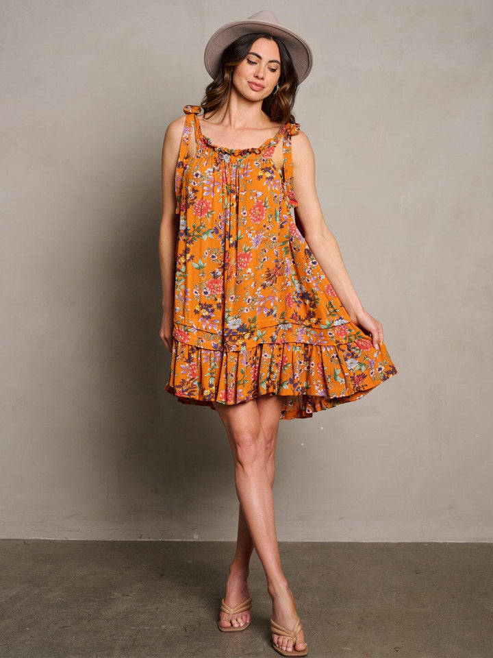 WOMEN'S SLEEVELESS RUFFLE BOTTOM HEM FLORAL TUNIC MINI DRESS