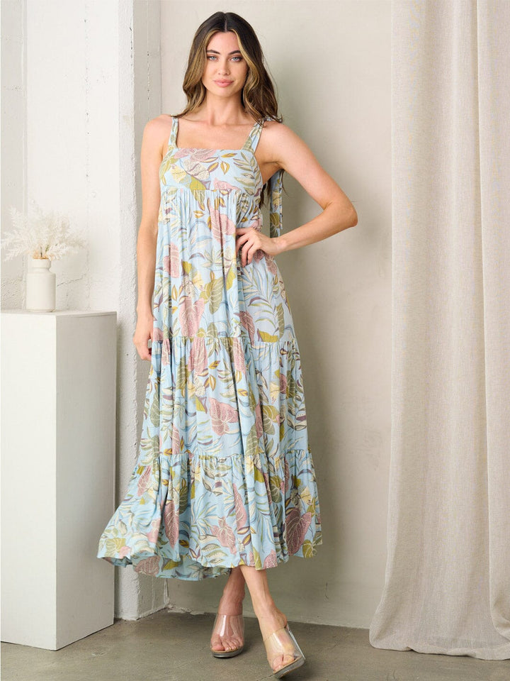 WOMEN'S SLEEVELESS SQUARE NECK TIERED LEAF PRINT MAXI DRESS