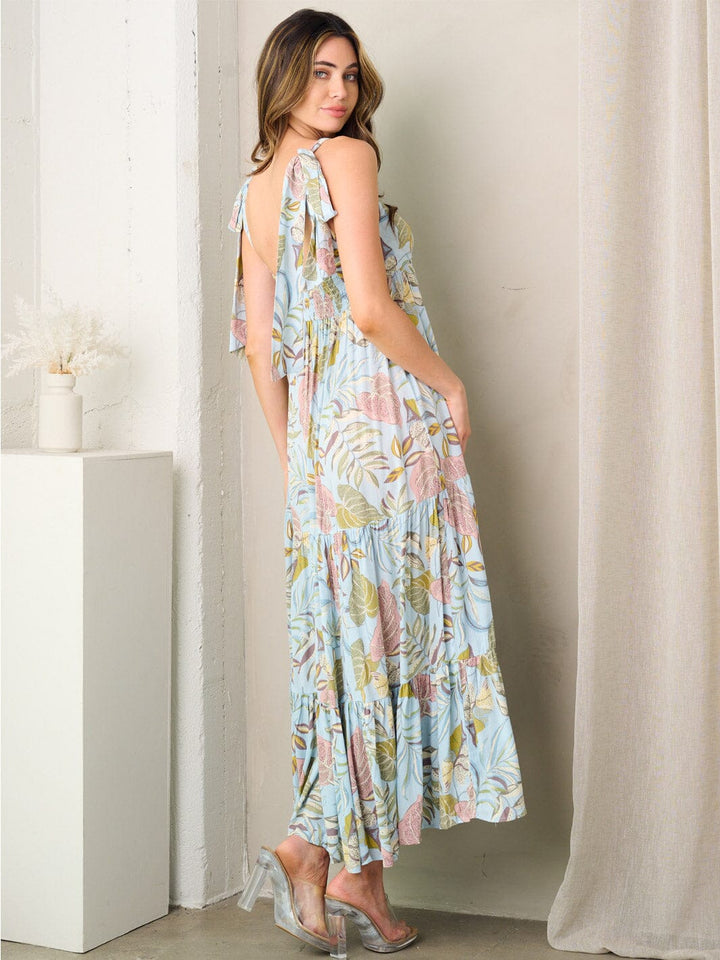 WOMEN'S SLEEVELESS SQUARE NECK TIERED LEAF PRINT MAXI DRESS