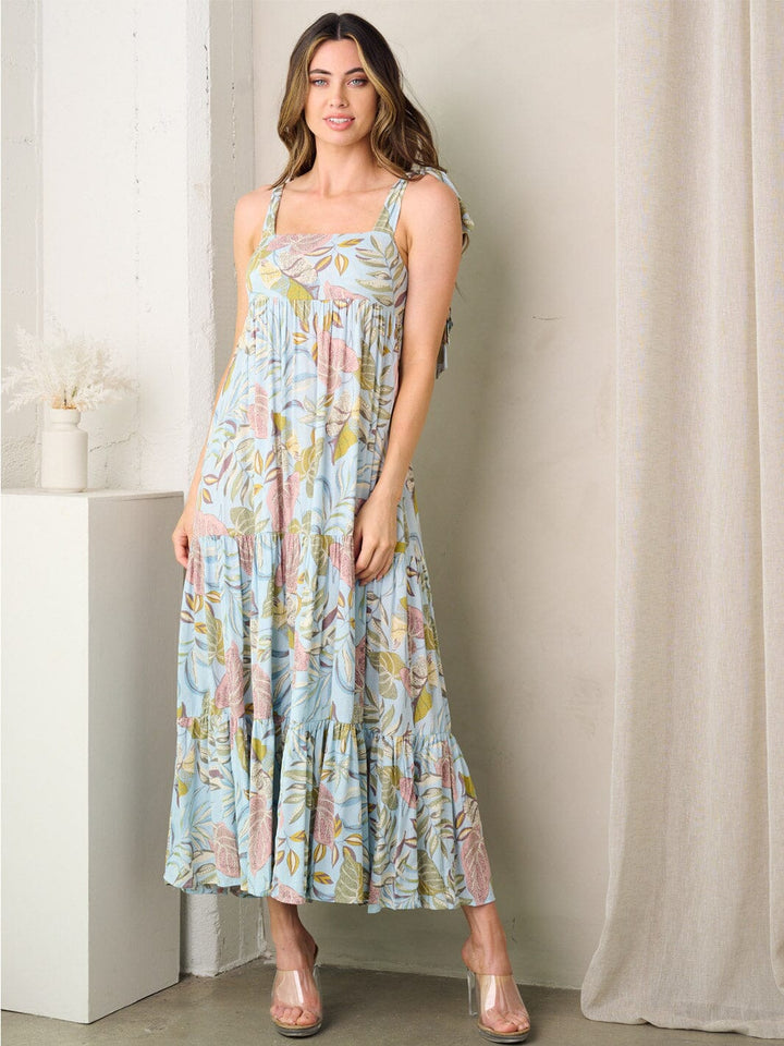 WOMEN'S SLEEVELESS SQUARE NECK TIERED LEAF PRINT MAXI DRESS
