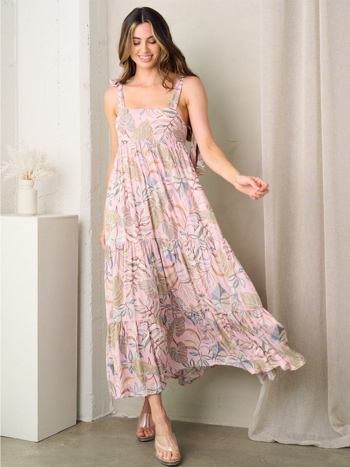 WOMEN'S SLEEVELESS SQUARE NECK TIERED LEAF PRINT MAXI DRESS