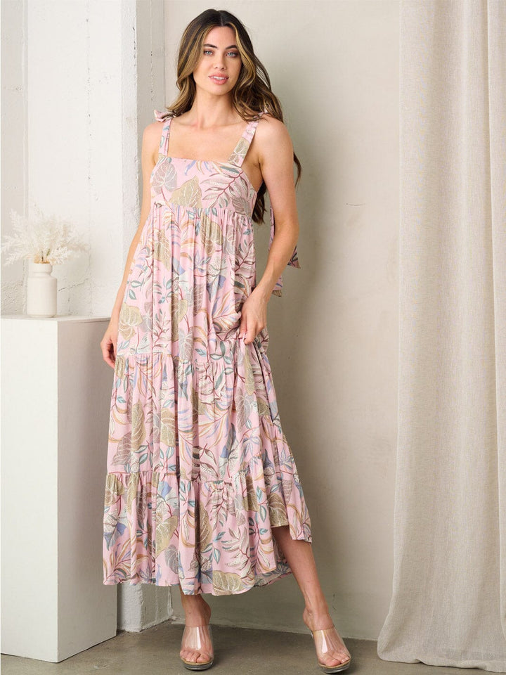 WOMEN'S SLEEVELESS SQUARE NECK TIERED LEAF PRINT MAXI DRESS