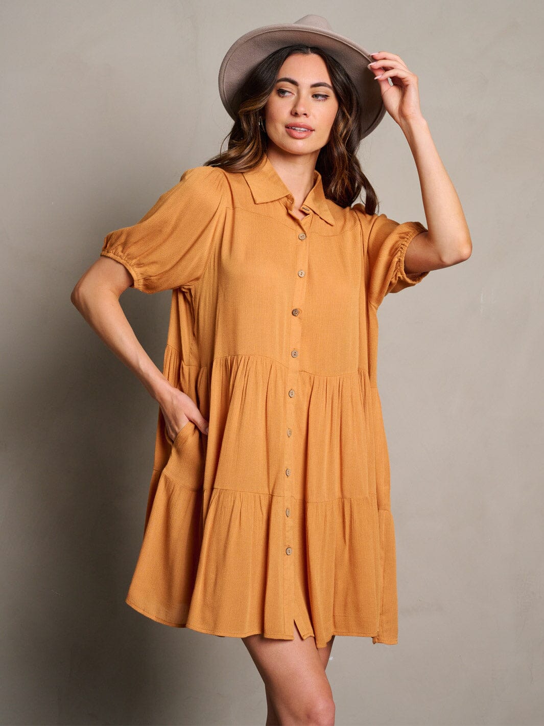 WOMEN'S SHORT SLEEVE BUTTON UP POCKETS TUNIC MINI DRESS