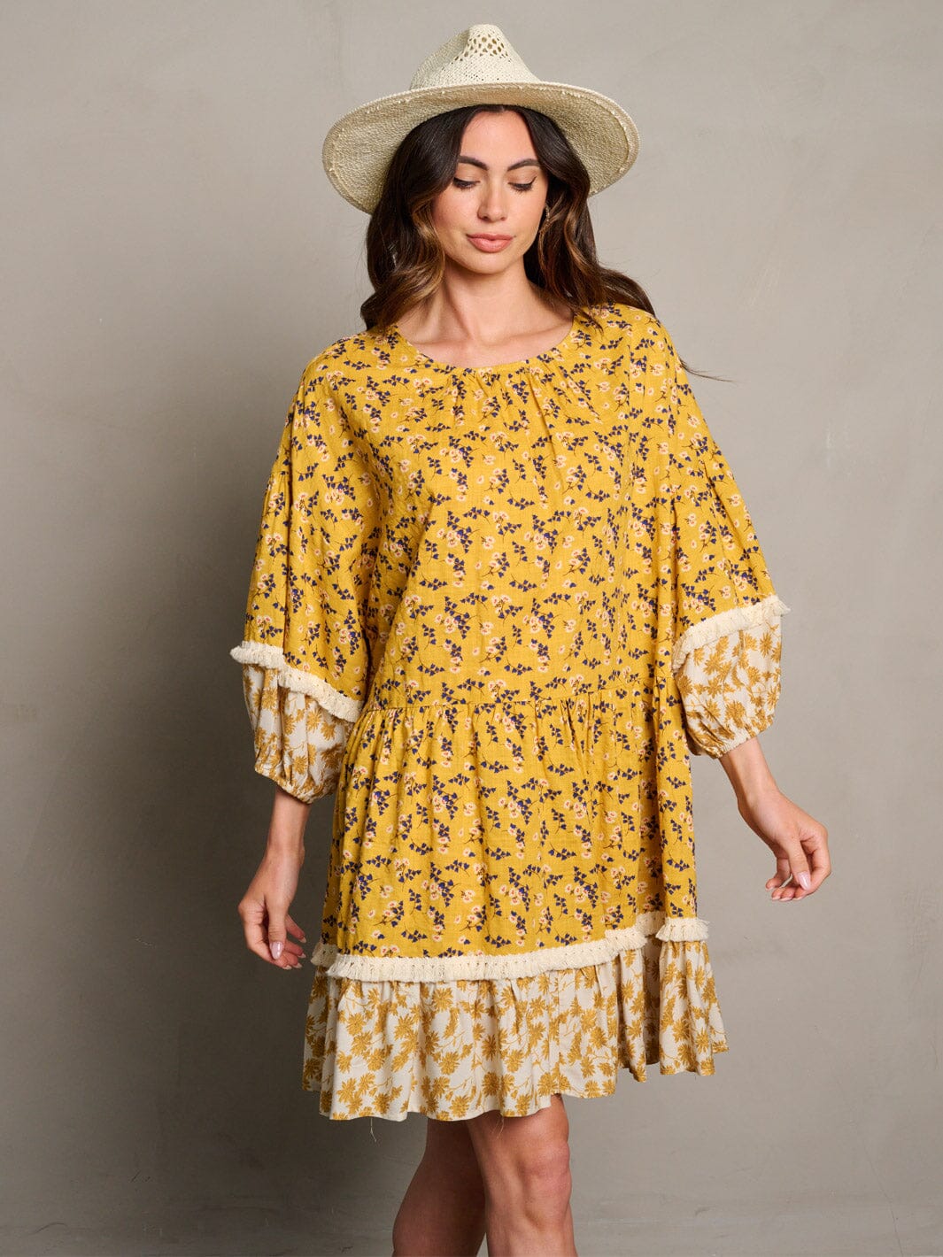 WOMEN'S 3/4 SLEEVE TUNIC FLORAL MINI DRESS