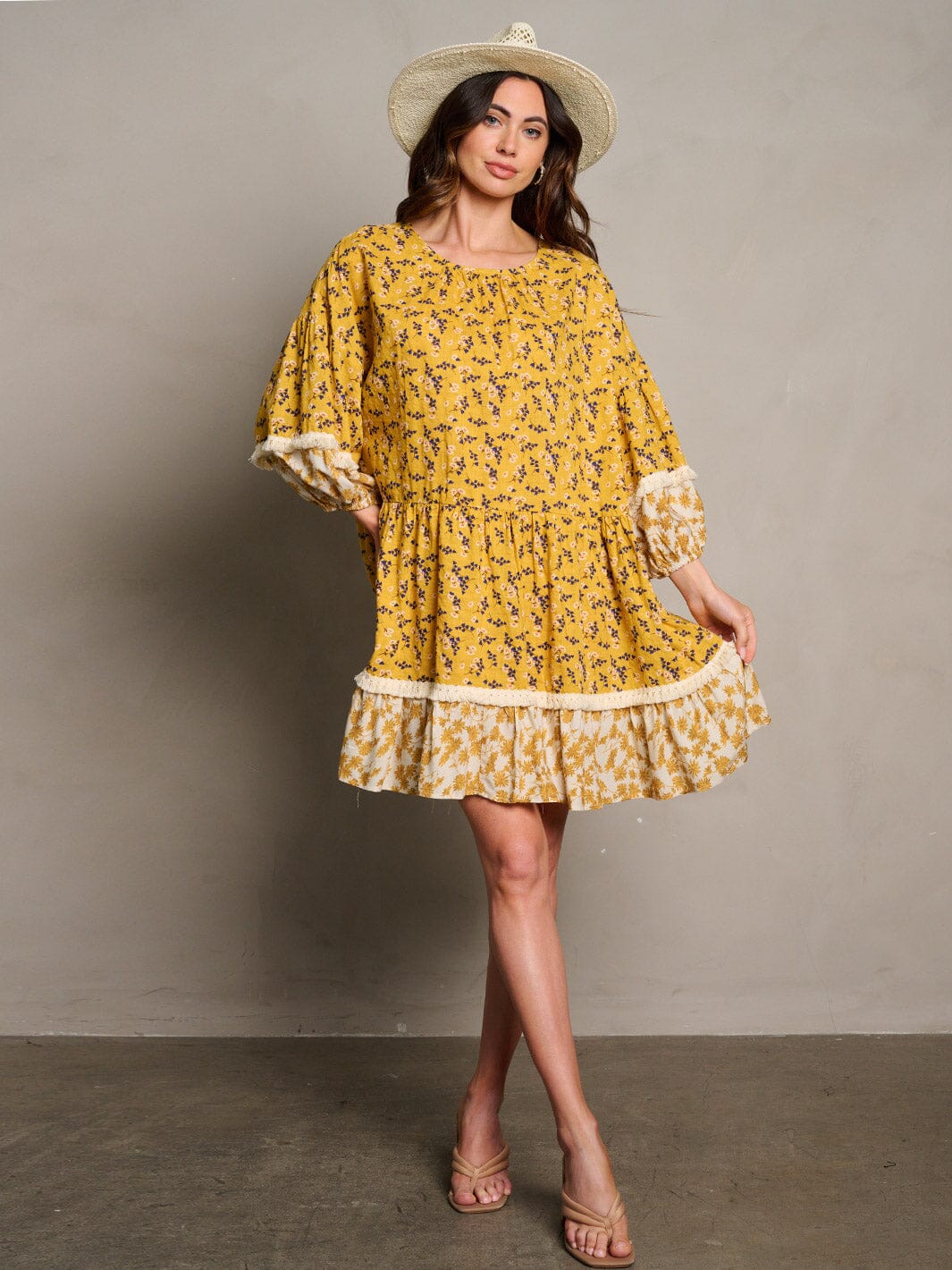 WOMEN'S 3/4 SLEEVE TUNIC FLORAL MINI DRESS