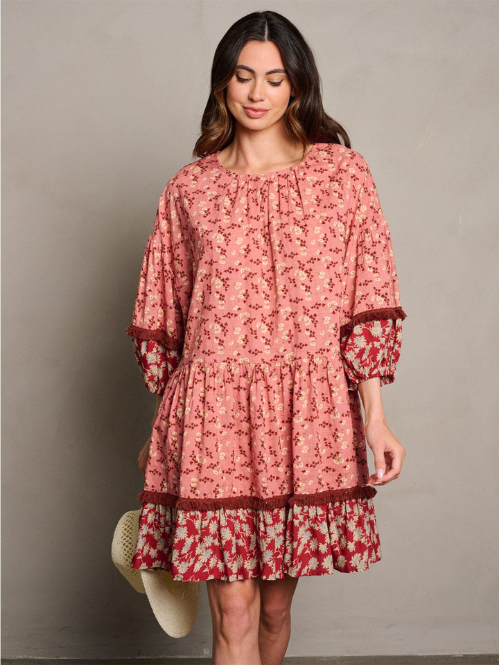 WOMEN'S 3/4 SLEEVE TUNIC FLORAL MINI DRESS