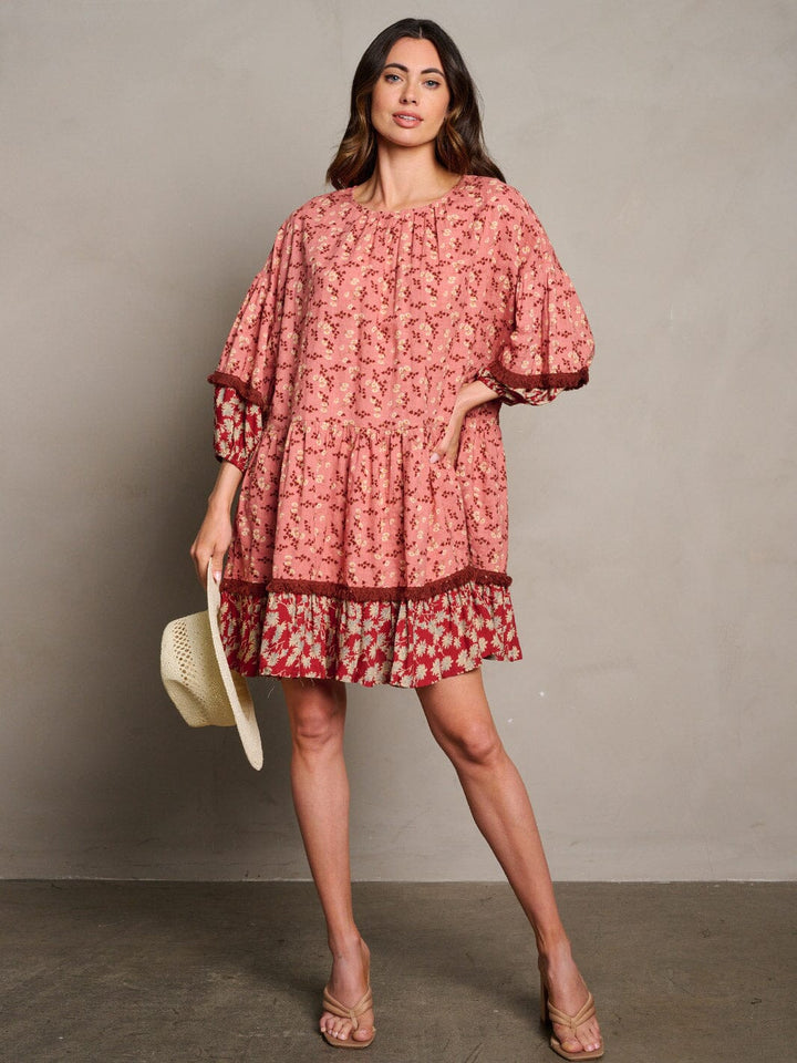 WOMEN'S 3/4 SLEEVE TUNIC FLORAL MINI DRESS
