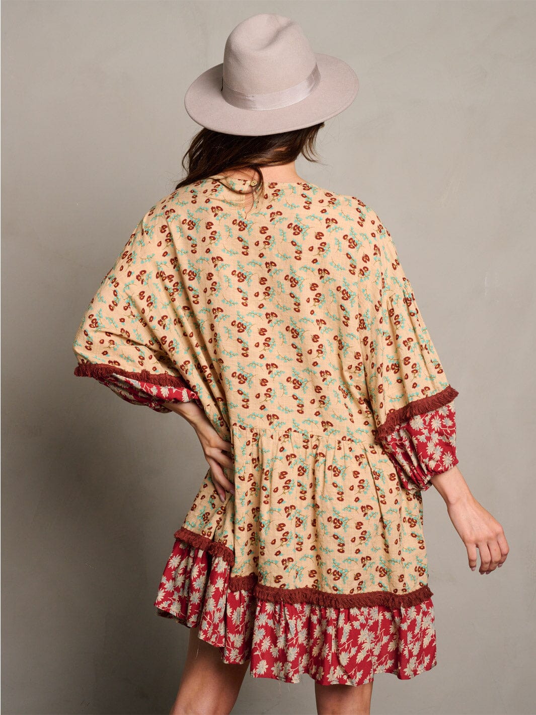 WOMEN'S 3/4 SLEEVE TUNIC FLORAL MINI DRESS