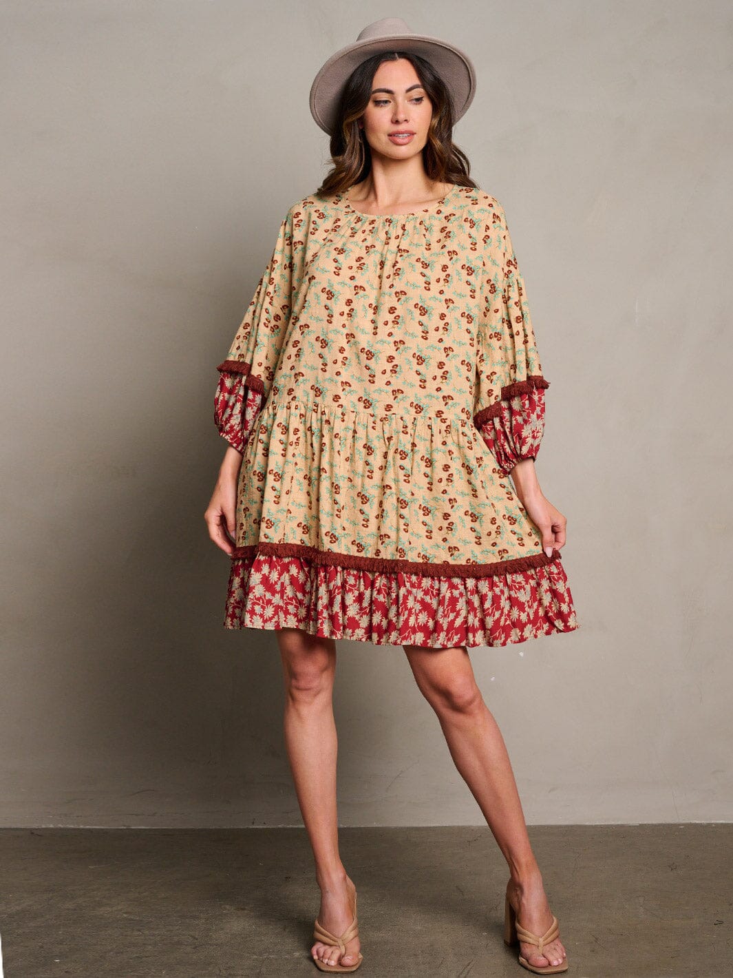 WOMEN'S 3/4 SLEEVE TUNIC FLORAL MINI DRESS