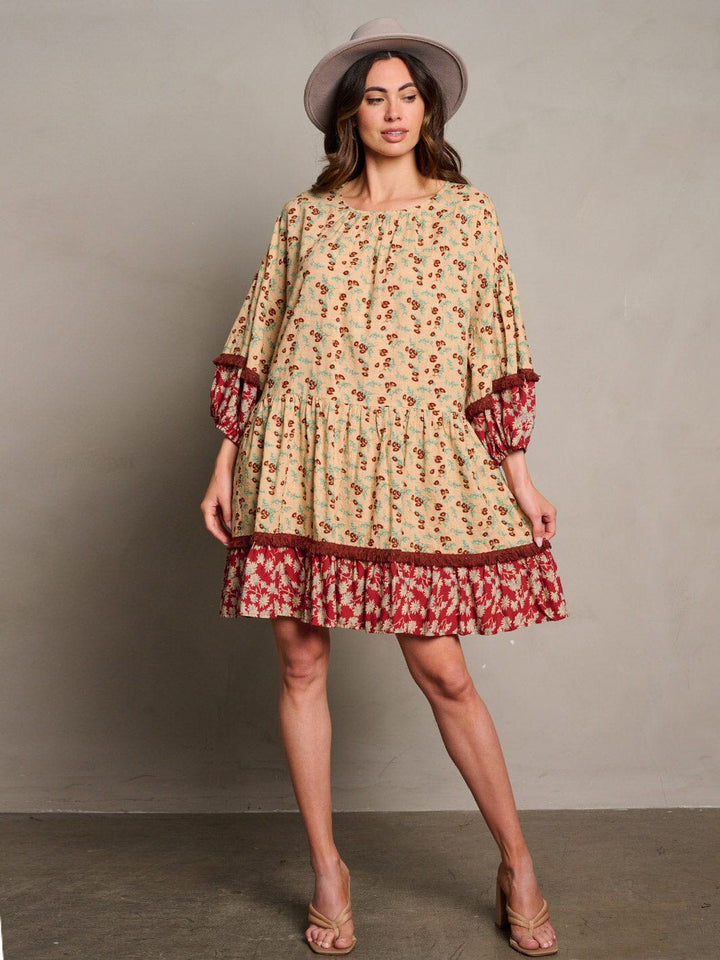 WOMEN'S 3/4 SLEEVE TUNIC FLORAL MINI DRESS