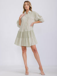 WOMEN'S 3/4 SLEEVE BUTTON UP FRONT POCKETS TIERED STRIPES MINI DRESS