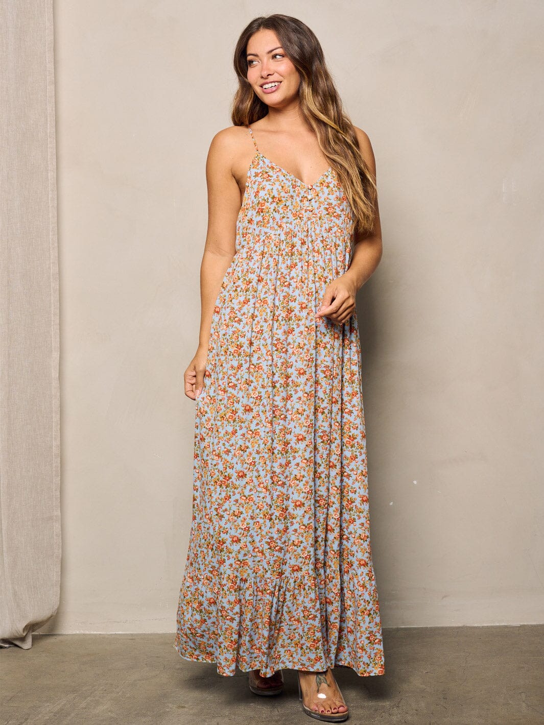 WOMEN'S SLEEVELESS V-NECK FLORAL MAXI DRESS