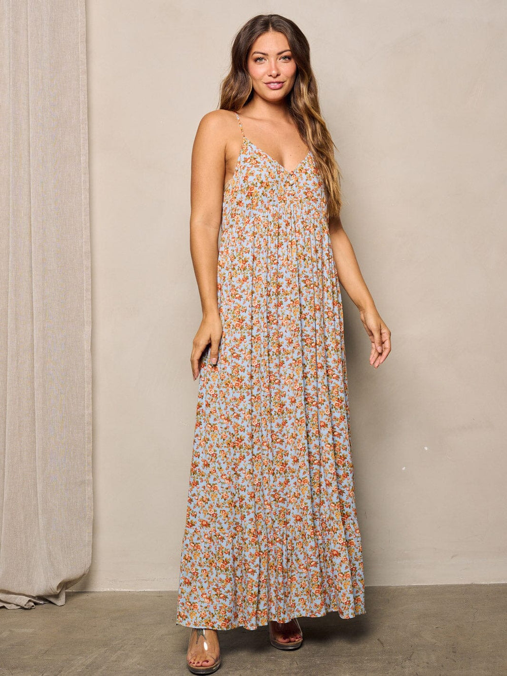 WOMEN'S SLEEVELESS V-NECK FLORAL MAXI DRESS