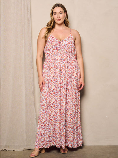 PLUS SIZE SLEEVELESS V-NECK FLORAL MAXI DRESS