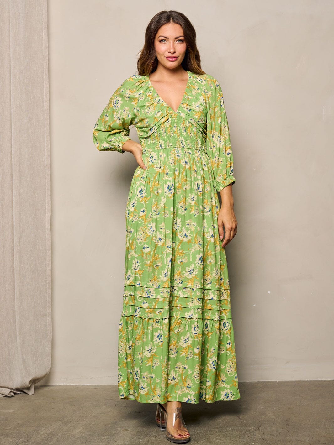 WOMEN'S LONG SLEEVE POCKETS V-NECK FLORAL MAXI DRESS