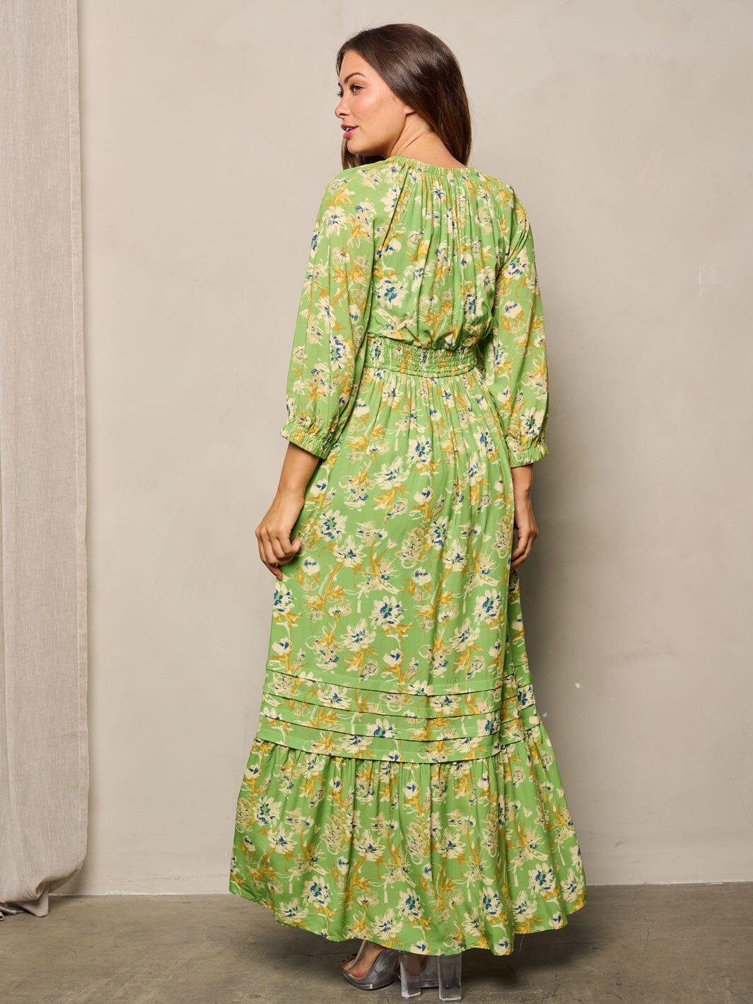 WOMEN'S LONG SLEEVE POCKETS V-NECK FLORAL MAXI DRESS